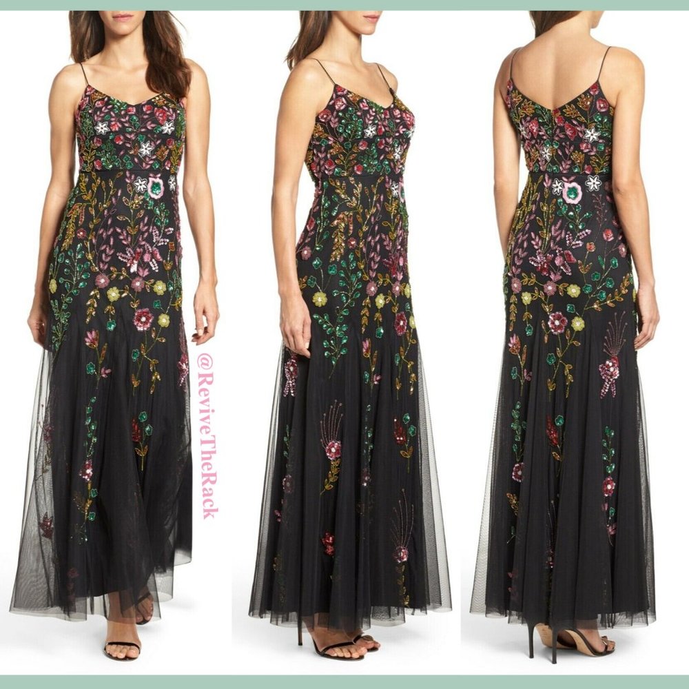 NWT $379 Adrianna Papell Spagetti Strap Floral Beaded‎ Gown in Black [SZ 4 ]